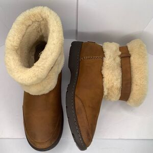 UGG Brielle Nubuck Brown Chestnut Shearling Leather Women Mid Calf Boots Sz 10